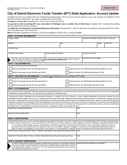 Form 5473 Electronic Funds Transfer (Eft) Debit Application, Account Update - City of Detroit, Michigan