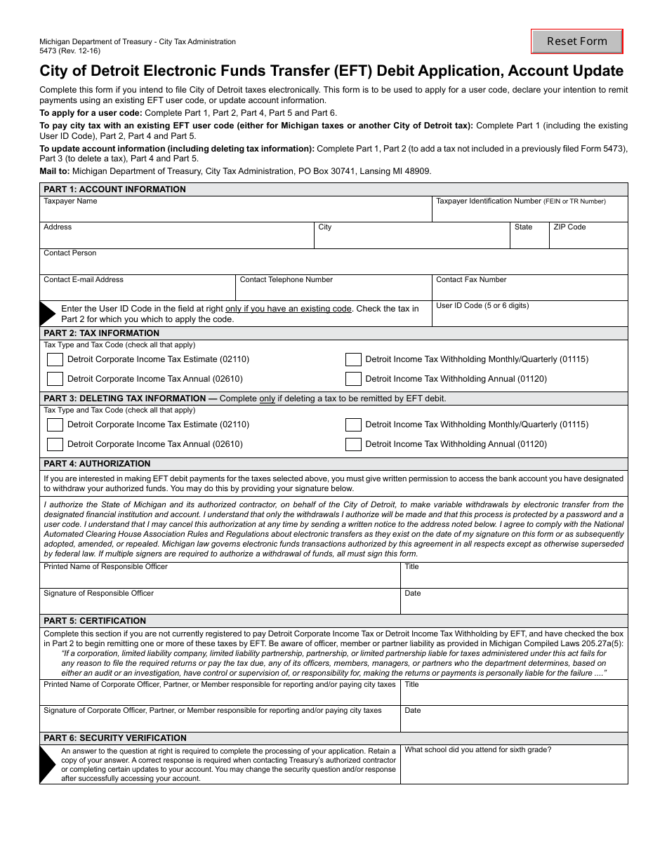 Form 5473 Electronic Funds Transfer (Eft) Debit Application, Account Update - City of Detroit, Michigan, Page 1