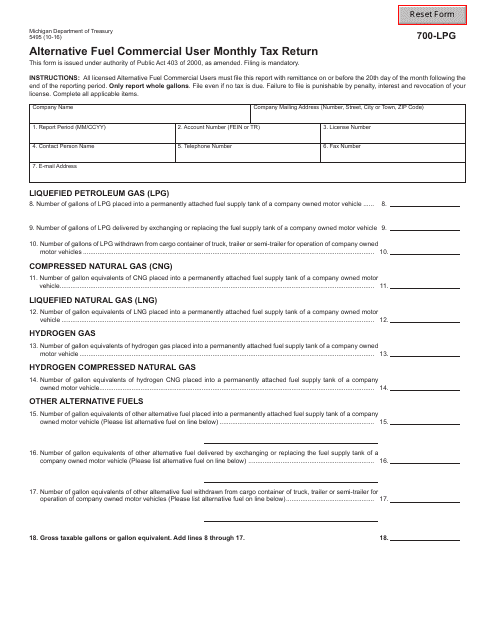 Form 5495 (700-LPG) Alternative Fuel Commercial User Monthly Tax Return - Michigan