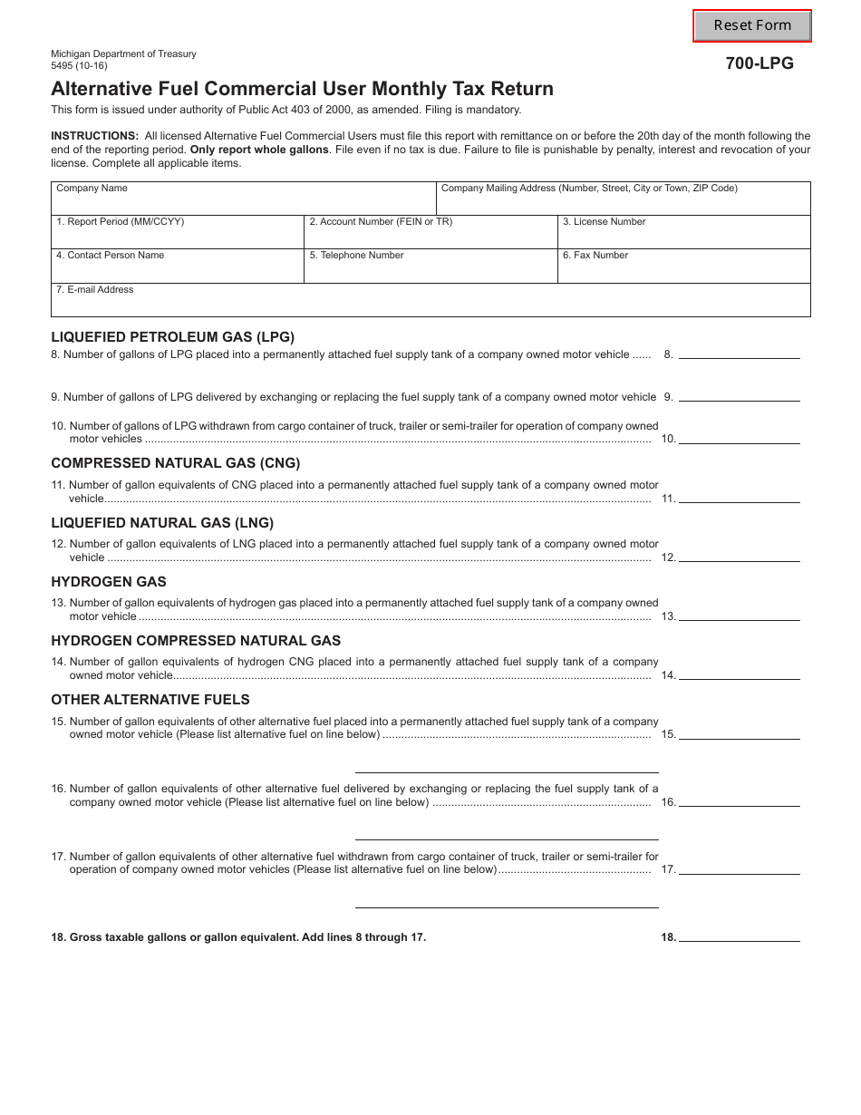 Form 5495 (700-LPG) Alternative Fuel Commercial User Monthly Tax Return - Michigan, Page 1