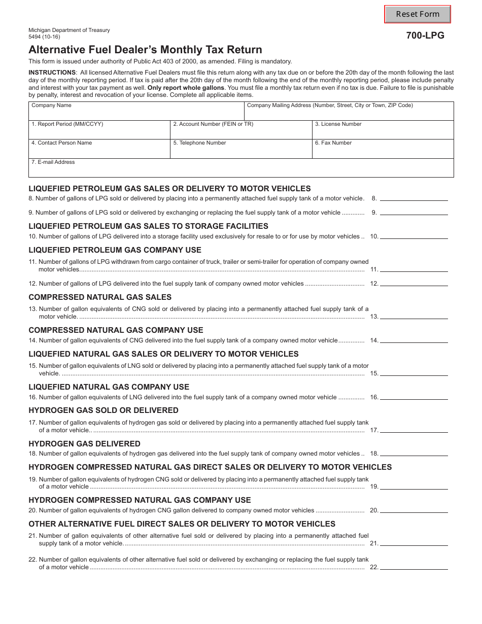 Form 5494 (700-LPG) Alternative Fuel Dealers Monthly Tax Return - Michigan, Page 1