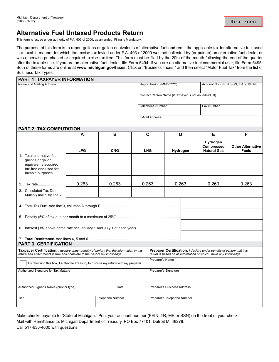 Form 5560 Alternative Fuel Untaxed Products Return - Michigan, Page 1