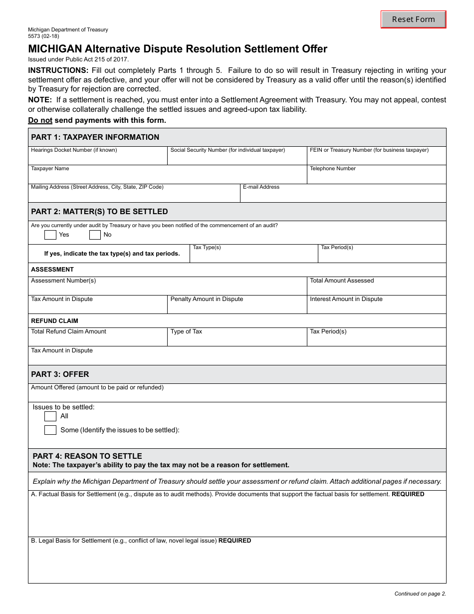 Form 5573 Michigan Alternative Dispute Resolution Settlement Offer - Michigan, Page 1