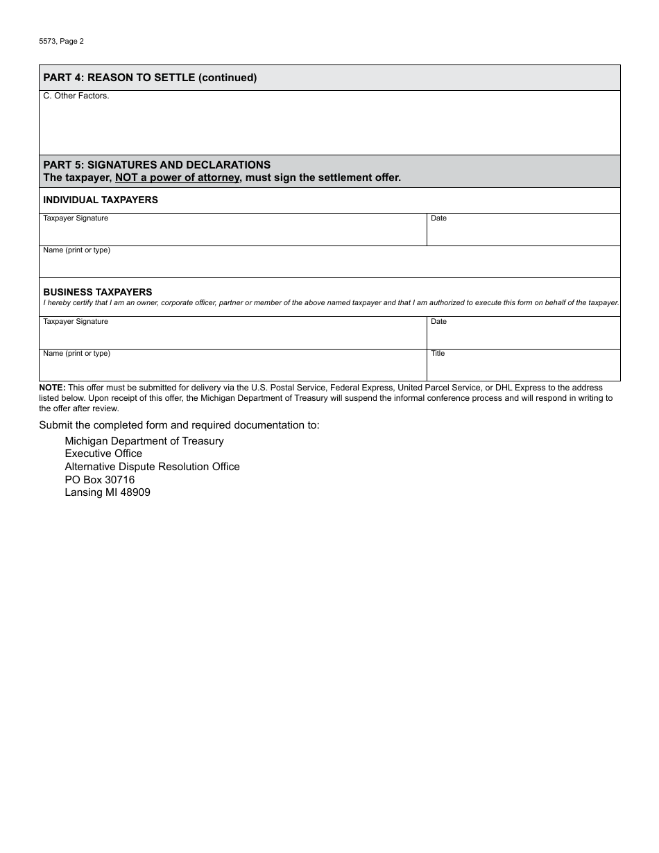Form 5573 Michigan Alternative Dispute Resolution Settlement Offer - Michigan, Page 2