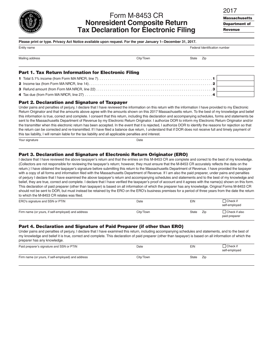 Form M-8453 CR Nonresident Composite Return Tax Declaration for Electronic Filing - Massachusetts, Page 1