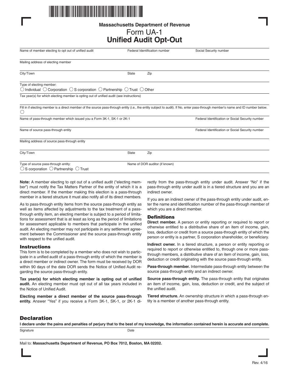 Form UA-1 Unified Audit Opt-Out - Massachusetts, Page 1