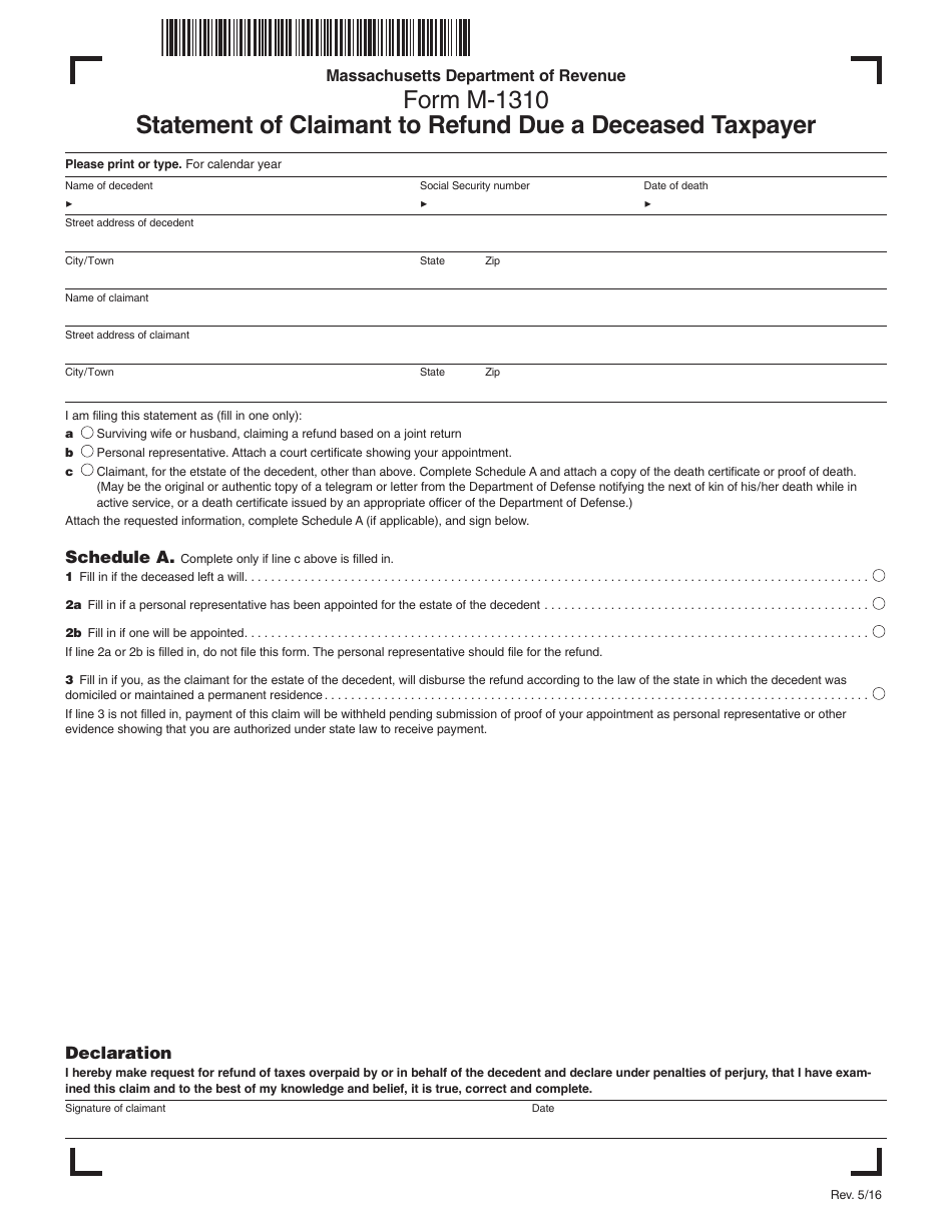Form M-1310 Statement of Claimant to Refund Due a Deceased Taxpayer - Massachusetts, Page 1
