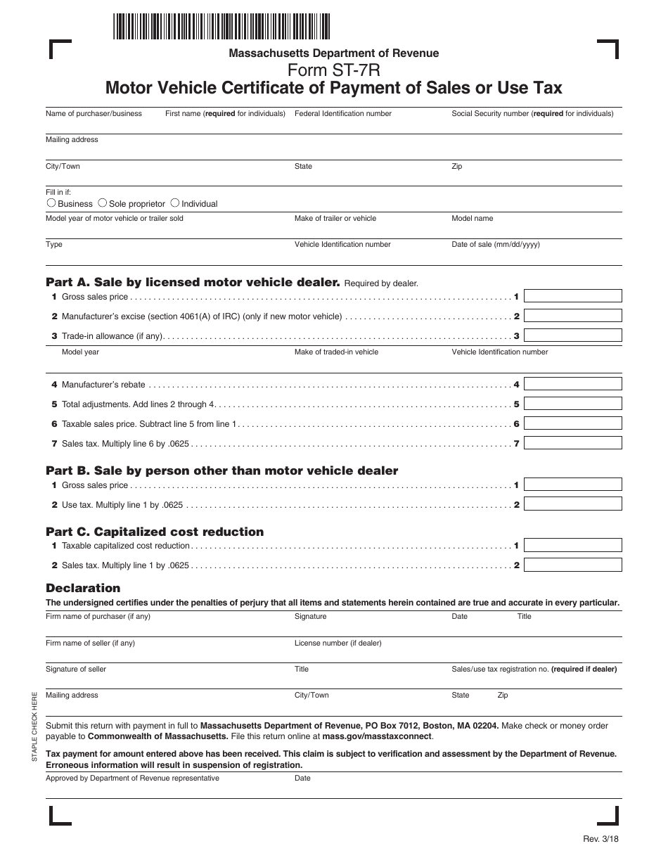 Form ST-7R Motor Vehicle Certificate of Payment of Sales or Use Tax - Massachusetts, Page 1