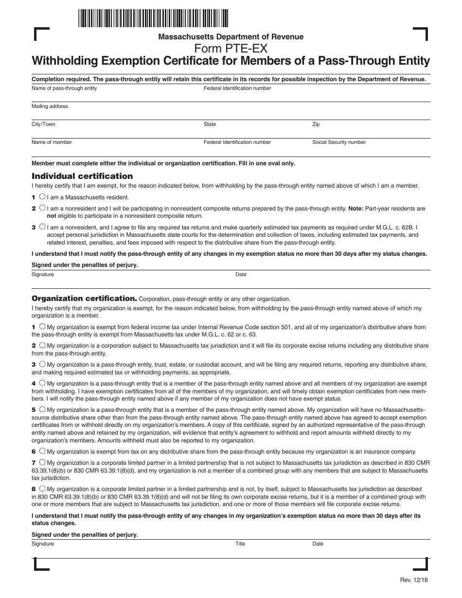 Form PTE-EX Withholding Exemption Certificate for Members of a Pass-Through Entity - Massachusetts, Page 1