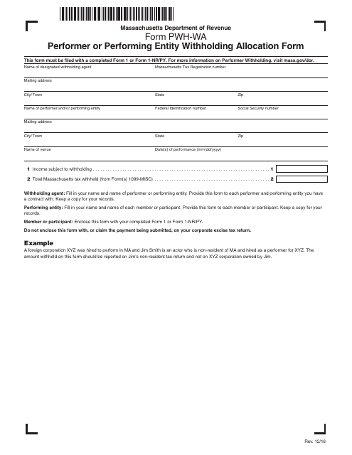 Form PWH-WA Performer or Performing Entity Withholding Allocation Form - Massachusetts
