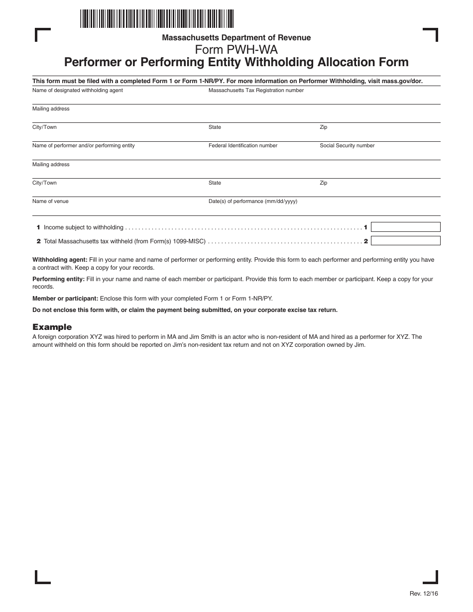 Form PWH-WA Performer or Performing Entity Withholding Allocation Form - Massachusetts, Page 1