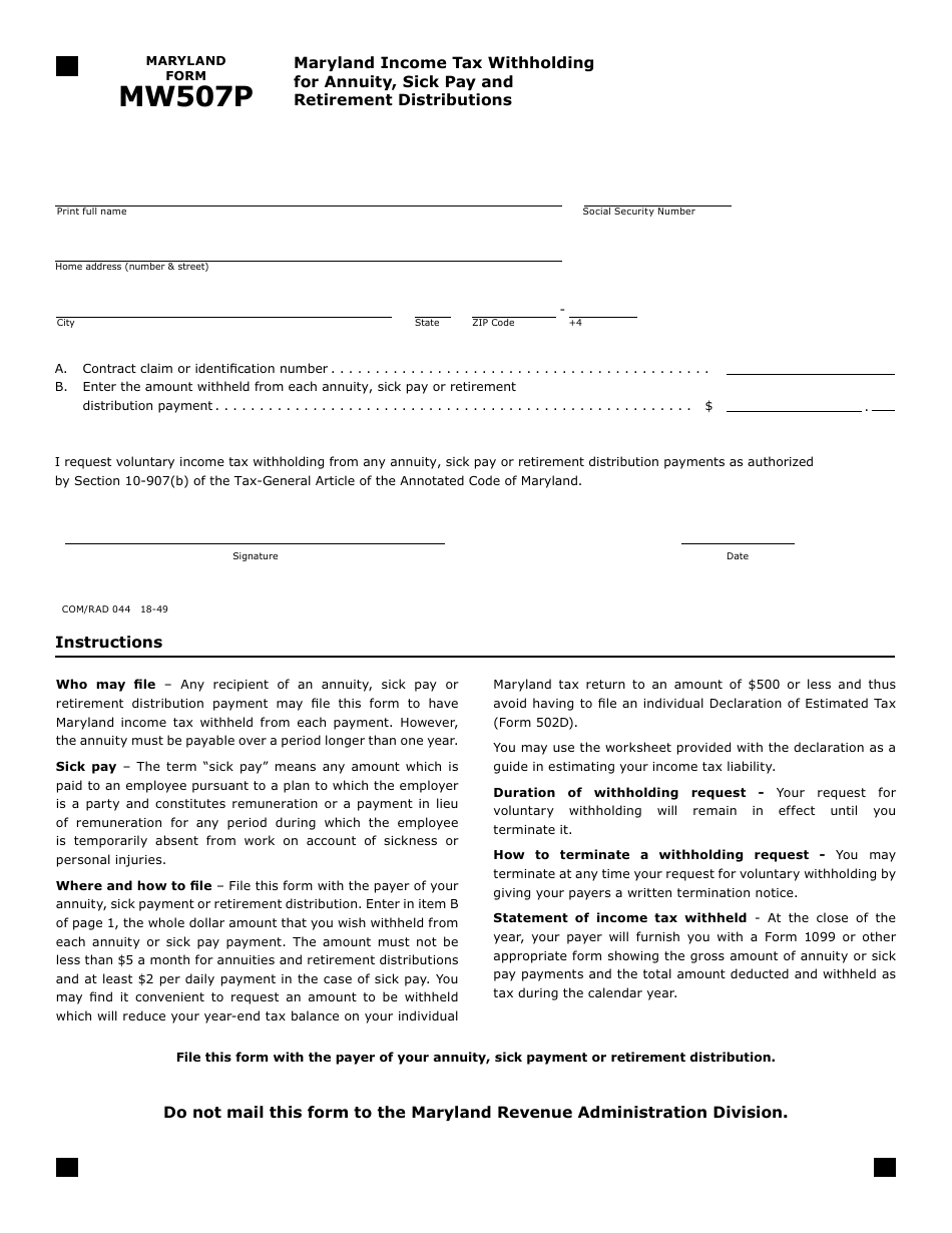 Form MW507P Maryland Income Tax Withholding for Annuity, Sick Pay and Retirement Distributions - Maryland, Page 1