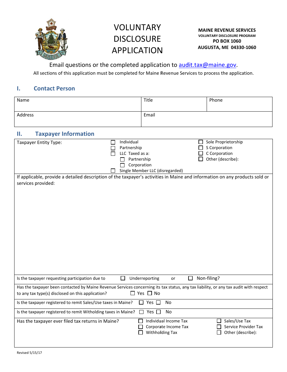 Voluntary Disclosure Application Form - Maine, Page 1