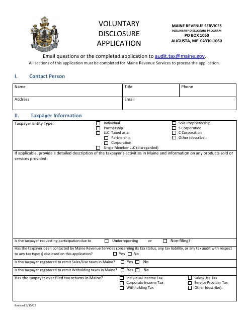 Voluntary Disclosure Application Form - Maine Download Pdf
