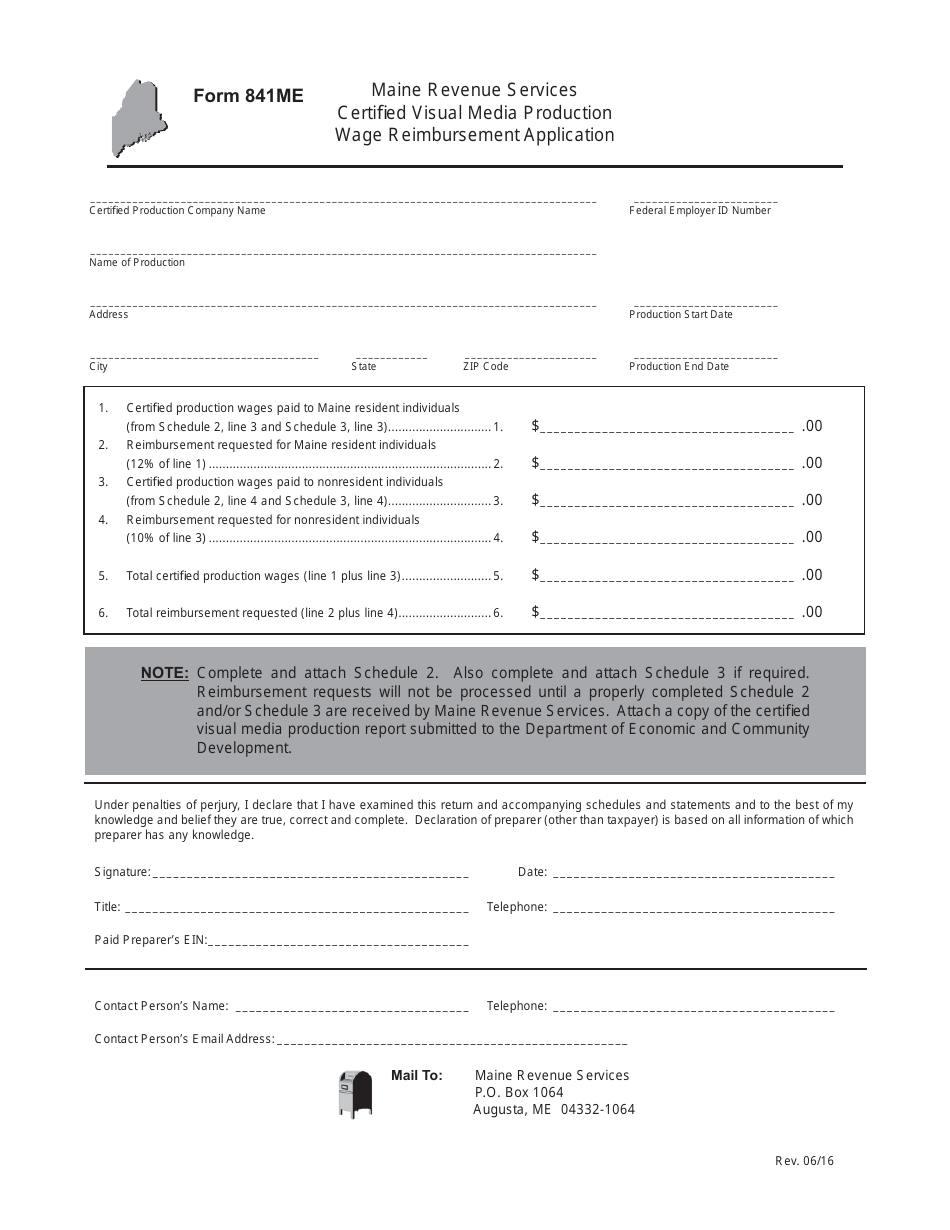 Form 841ME Certified Visual Media Production Wage Reimbursement Application - Maine, Page 1