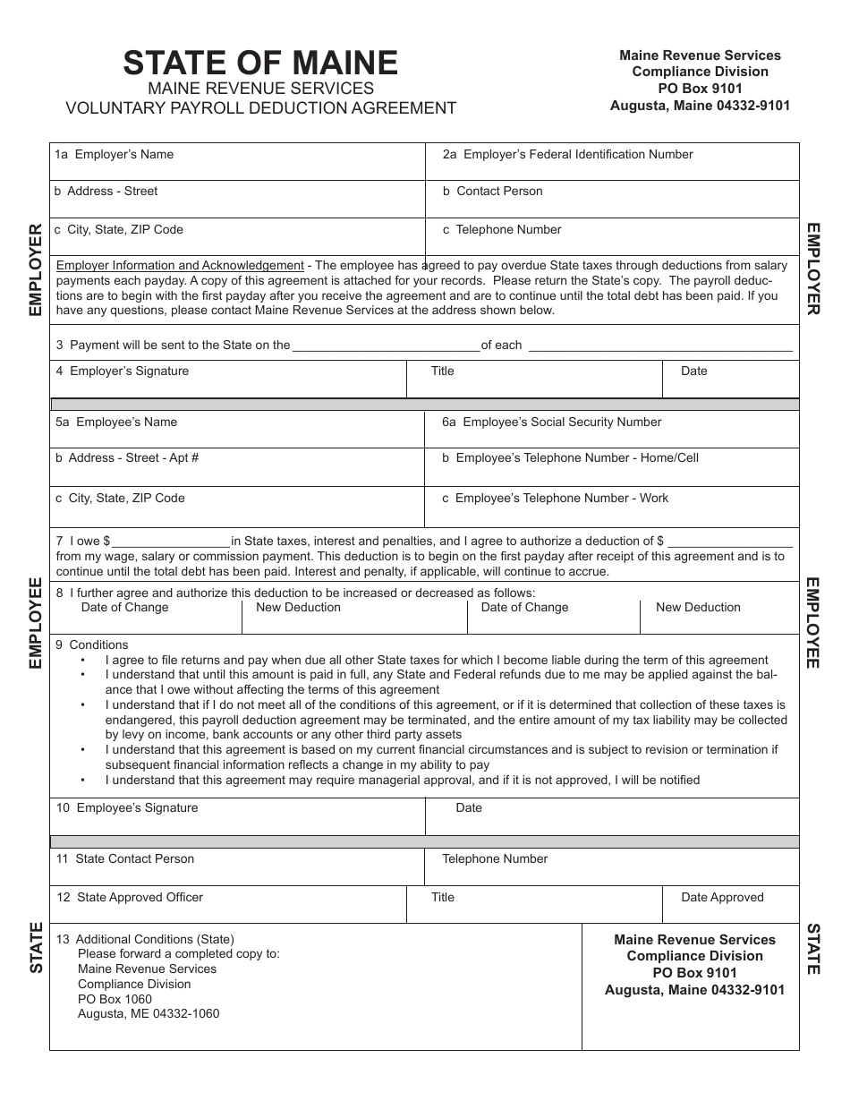 Voluntary Payroll Deduction Agreement Form - Maine, Page 1