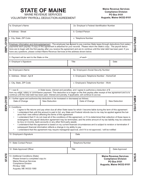 Voluntary Payroll Deduction Agreement Form - Maine Download Pdf
