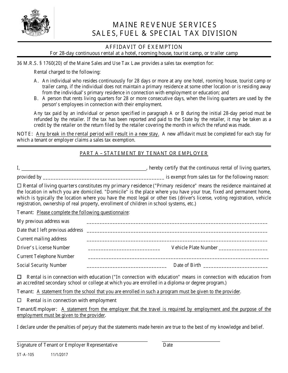 Form St A 105 Download Printable Pdf Or Fill Online Affidavit Of Exemption For 28 Day Continuous Rental At A Hotel Rooming House Tourist Camp Or Trailer Camp Maine Templateroller