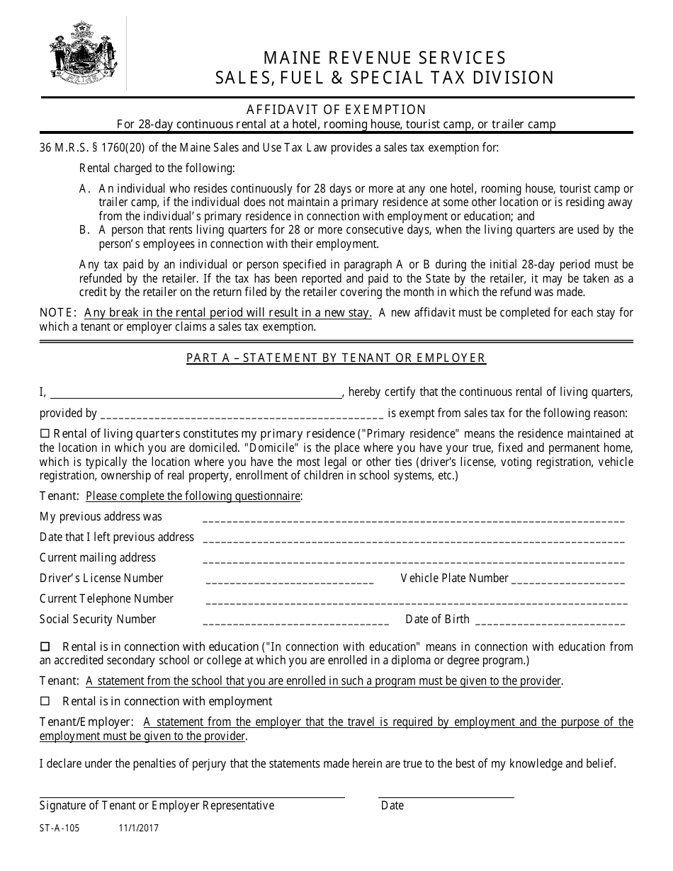 Form ST-A-105 Affidavit of Exemption for 28-day Continuous Rental at a Hotel, Rooming House, Tourist Camp, or Trailer Camp - Maine, Page 1