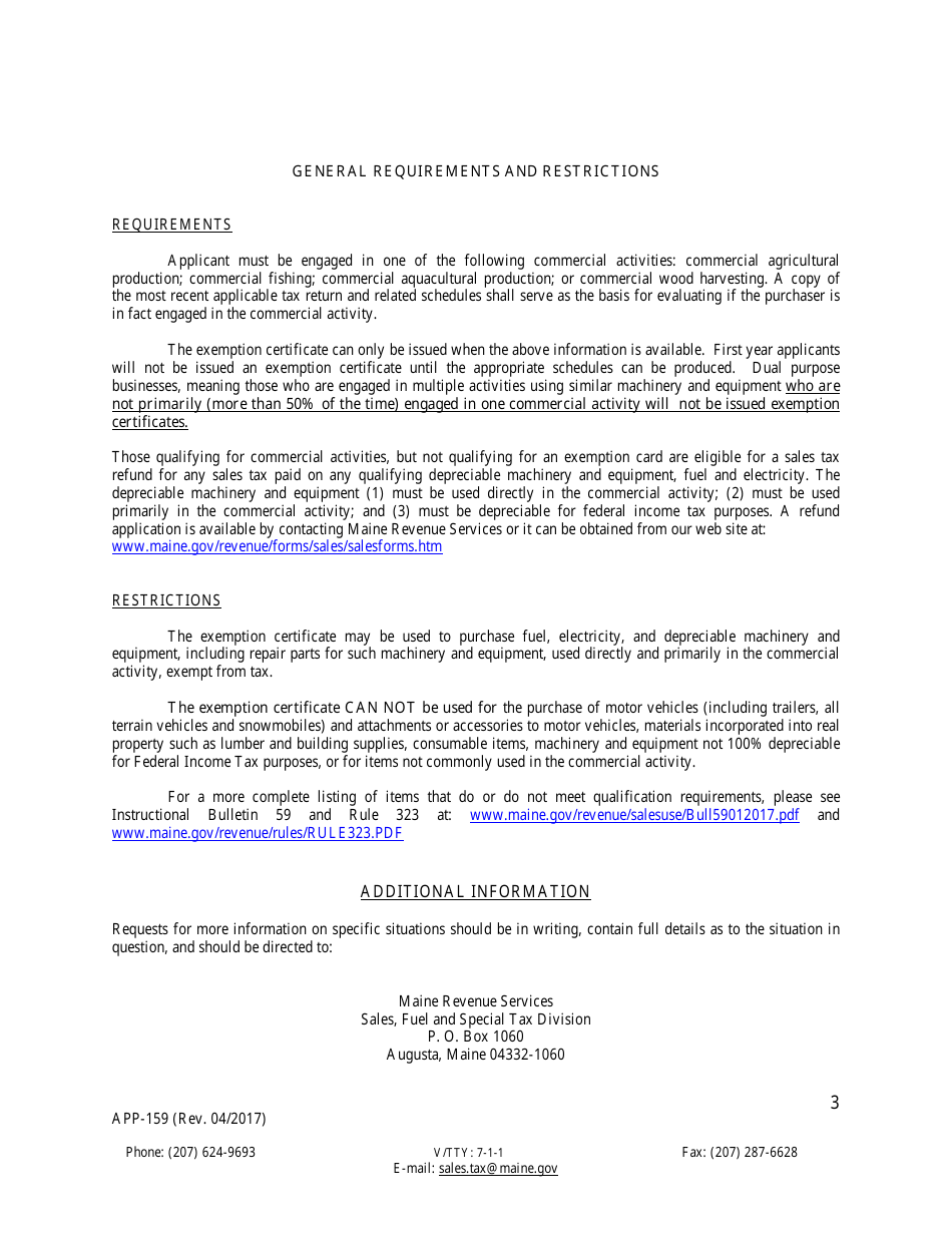 Form APP-159 Combined Commercial Exemption Application - Maine, Page 3