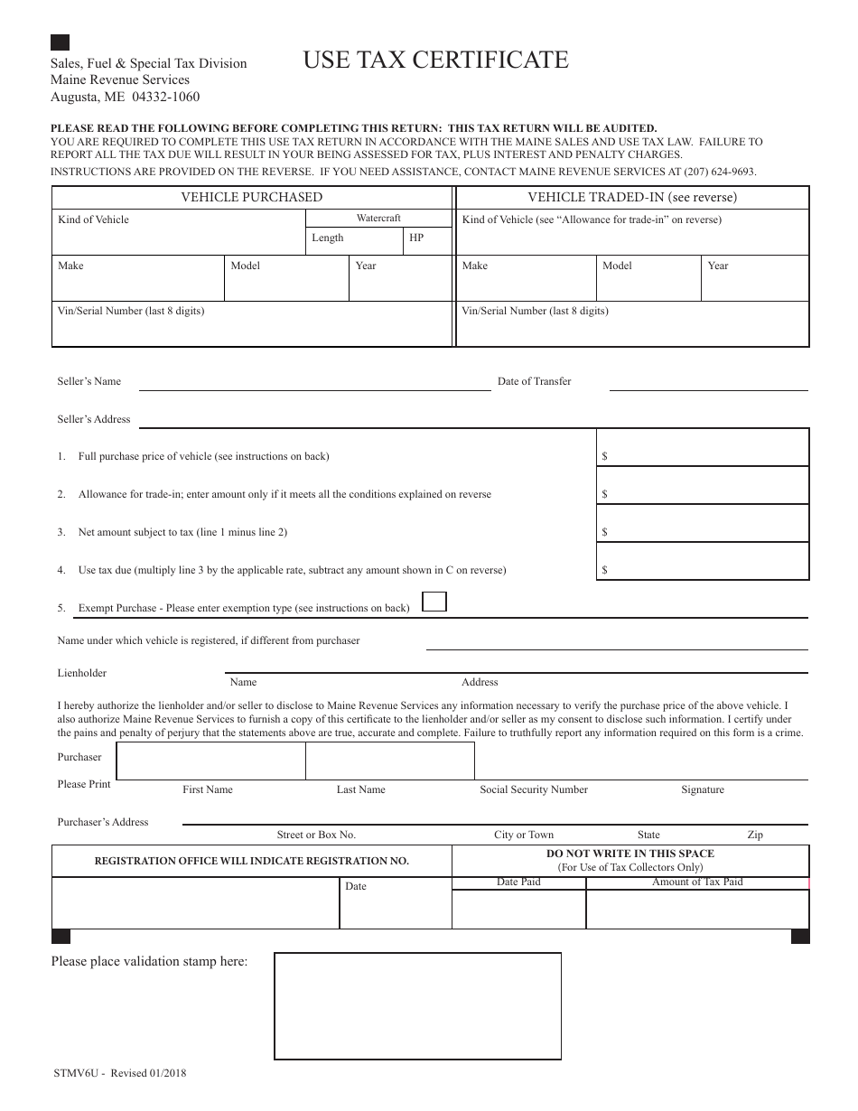 Form STMV6U Use Tax Certificate - Maine, Page 1
