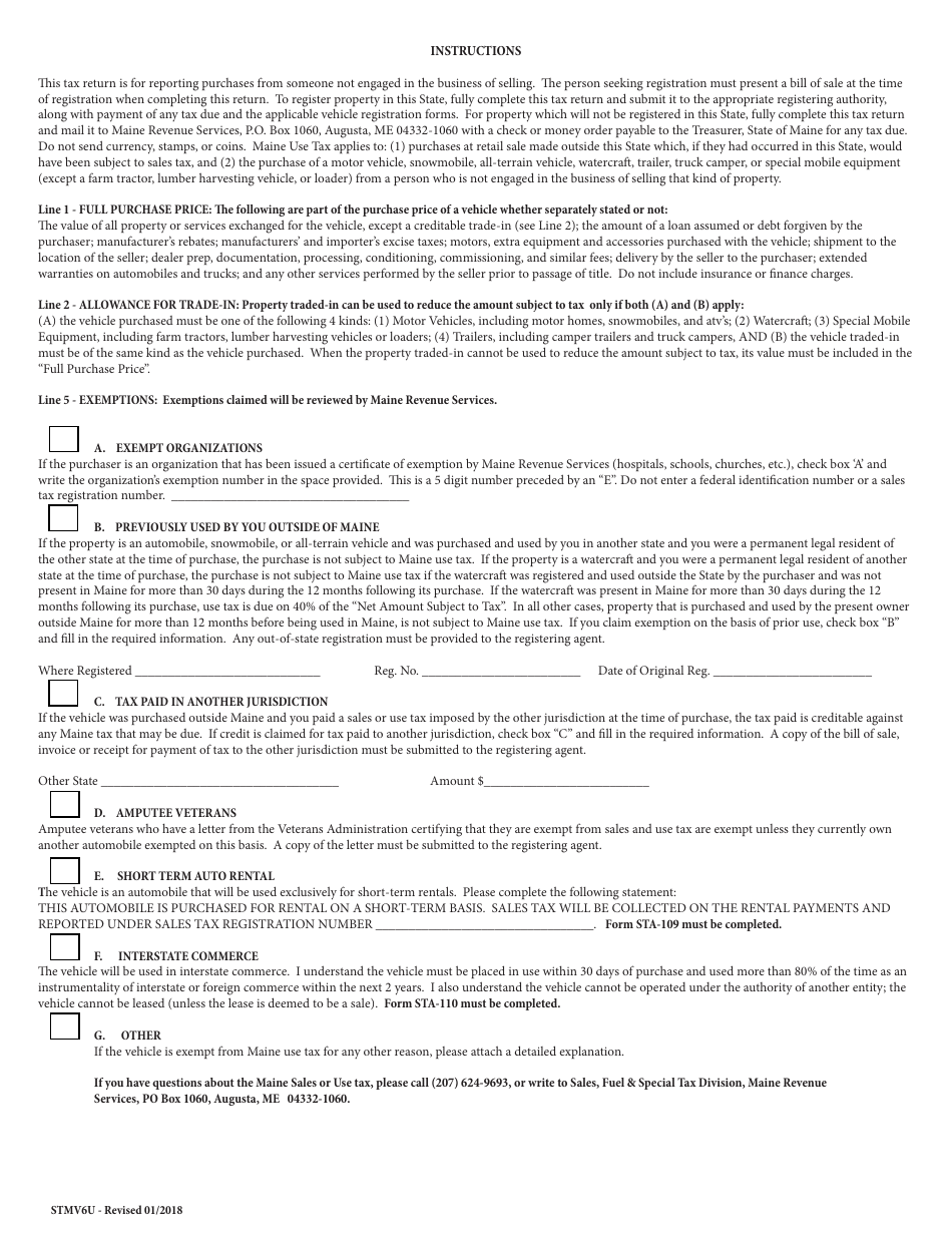 Form STMV6U Use Tax Certificate - Maine, Page 2
