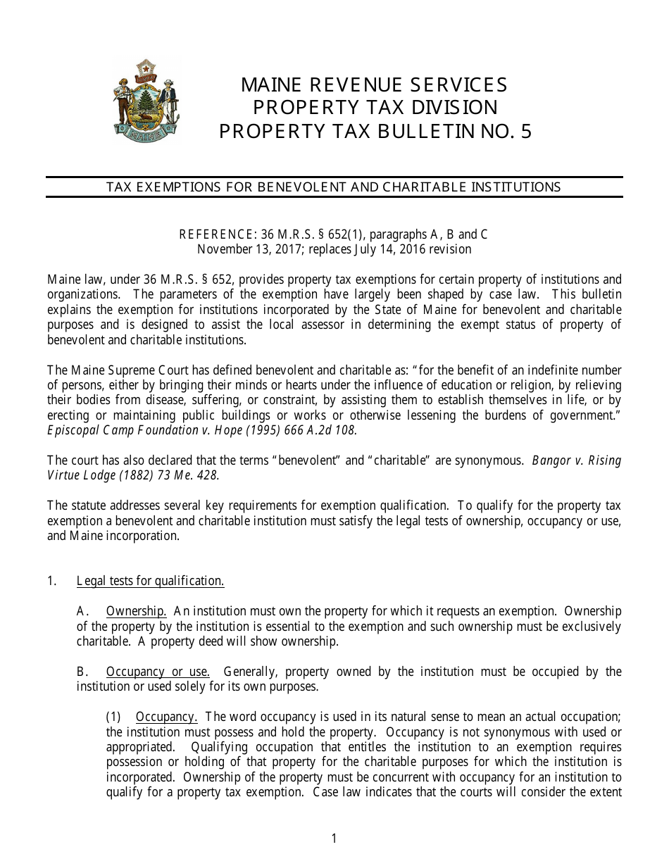 Tax Exemptions for Benevolent and Charitable Institutions - Maine, Page 1