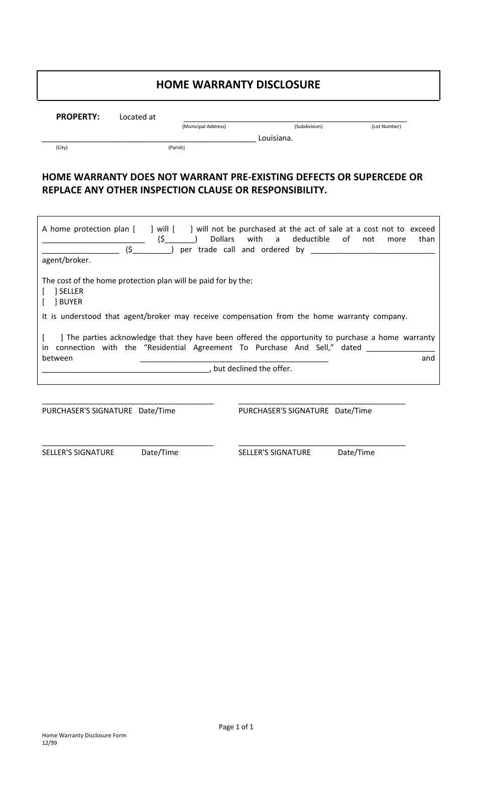 Home Warranty Disclosure Form - Louisiana, Page 1