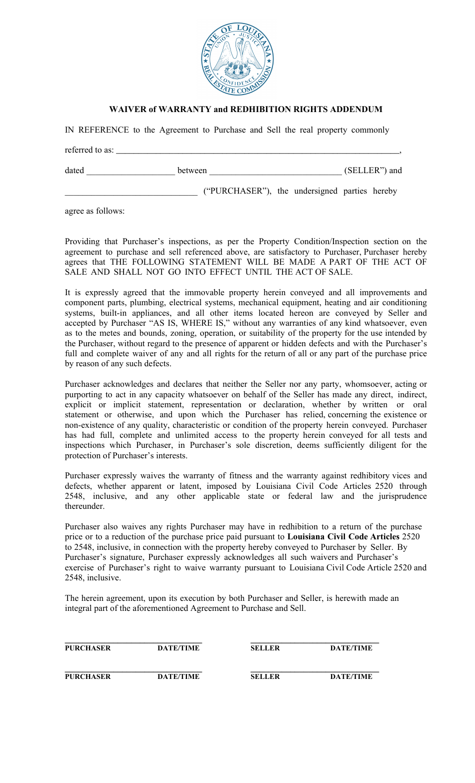 Waiver of Warranty and Redhibition Rights Addendum Form - Louisiana, Page 1