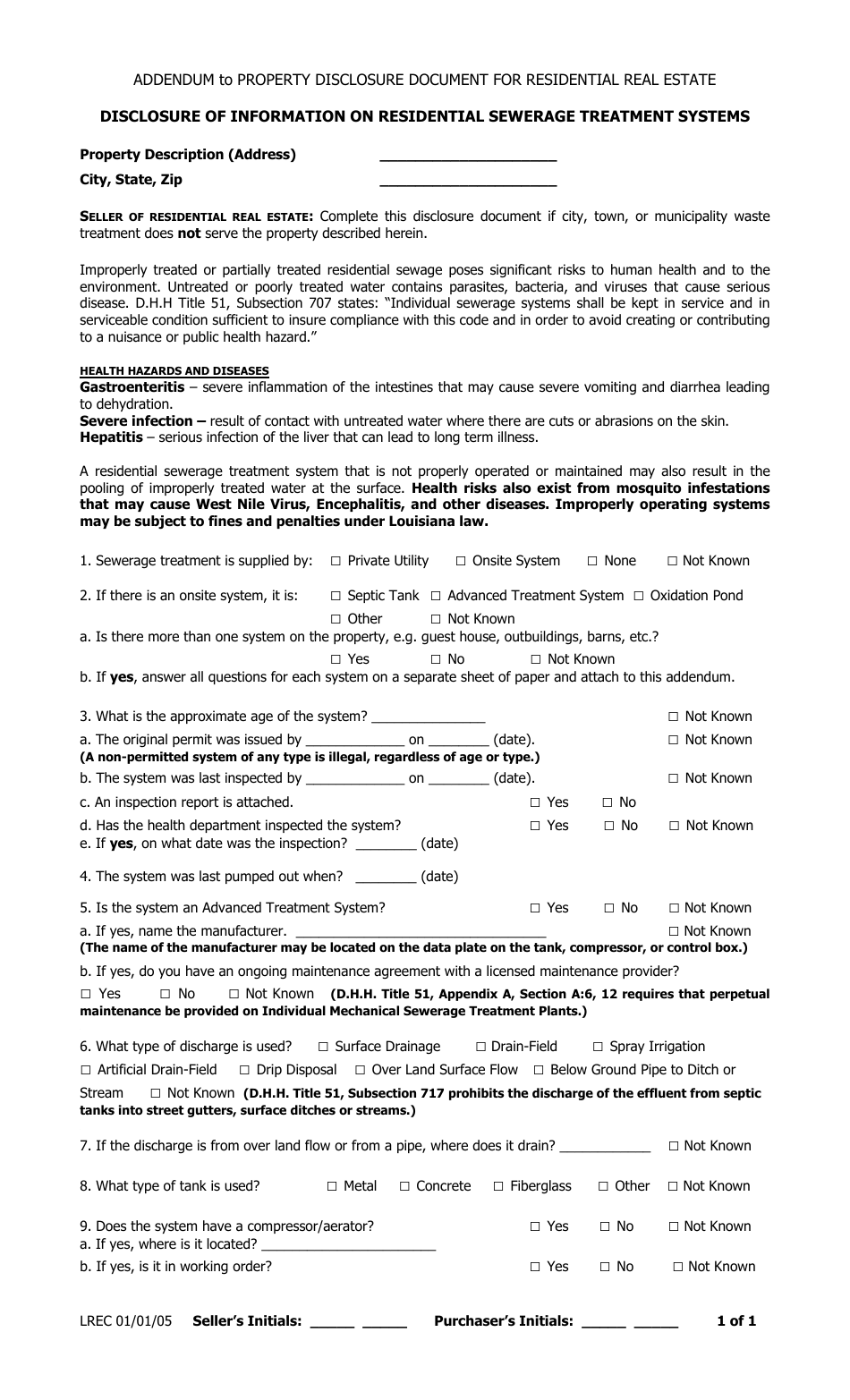Addendum to Property Disclosure Document for Residential Real Estate - Disclosure of Information on Residential Sewerage Treatment Systems - Louisiana, Page 1