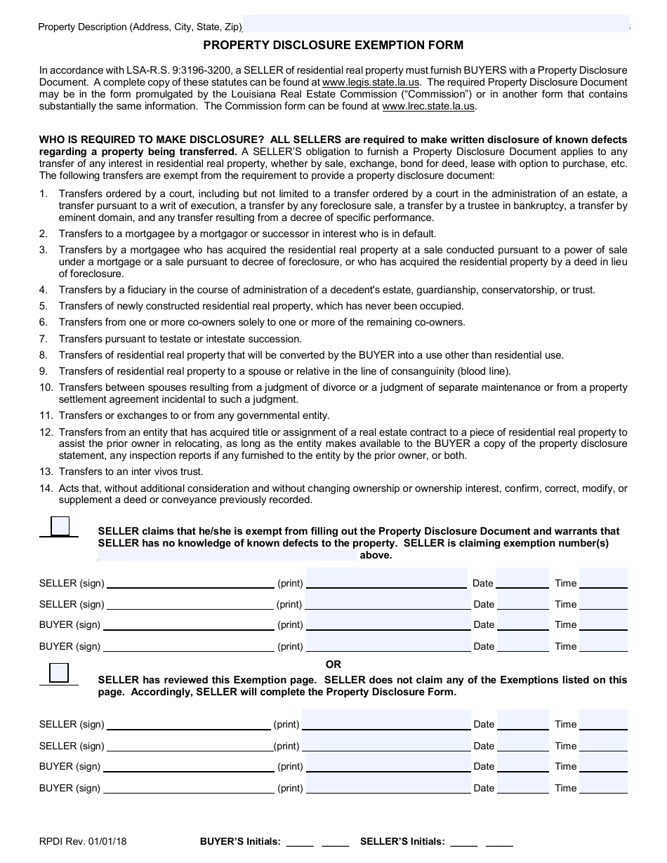 Property Disclosure Exemption Form - Louisiana, Page 1