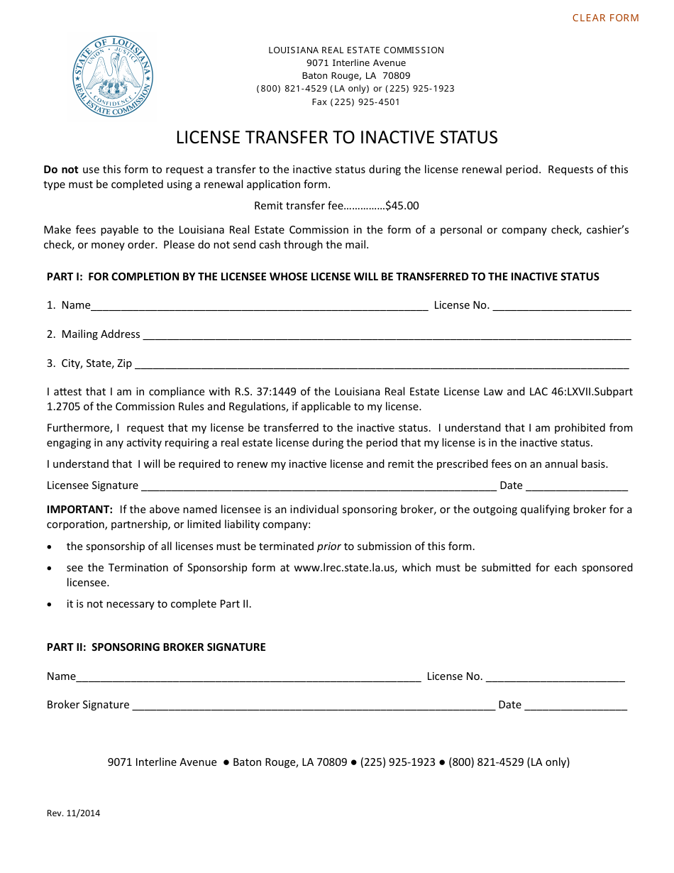 License Transfer to Inactive Status - Louisiana, Page 1