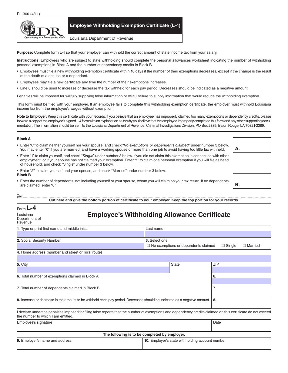 Form R-1300 (L-4) Employees Withholding Allowance Certificate - Louisiana, Page 1