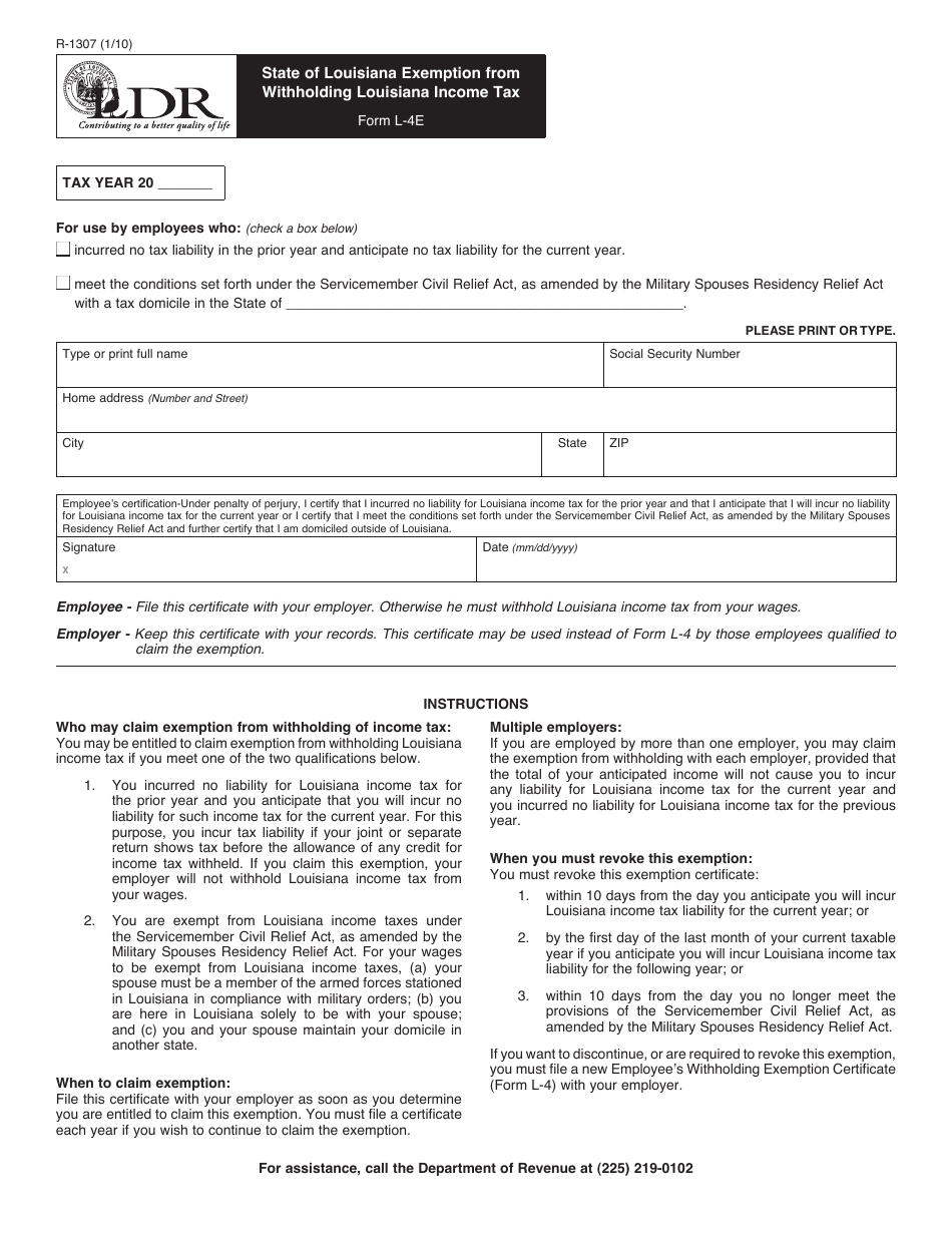 Form R-1307 State of Louisiana Exemption From Withholding Louisiana Income Tax - Louisiana, Page 1