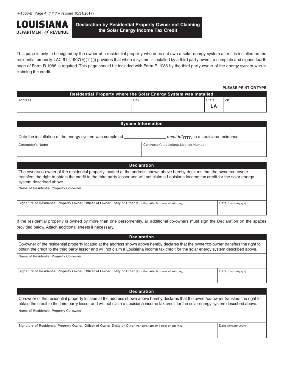 Form R-1086-B Declaration by Residential Property Owner Not Claiming the Solar Energy Income Tax Credit - Louisiana, Page 1
