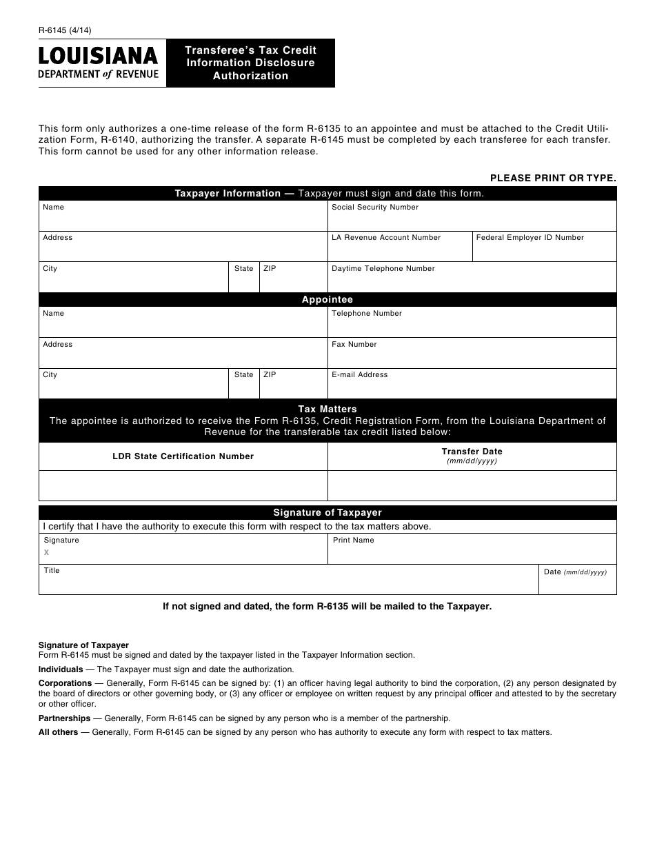 Form R-6145 Transferee's Tax Credit Information Disclosure Authorization - Louisiana, Page 1