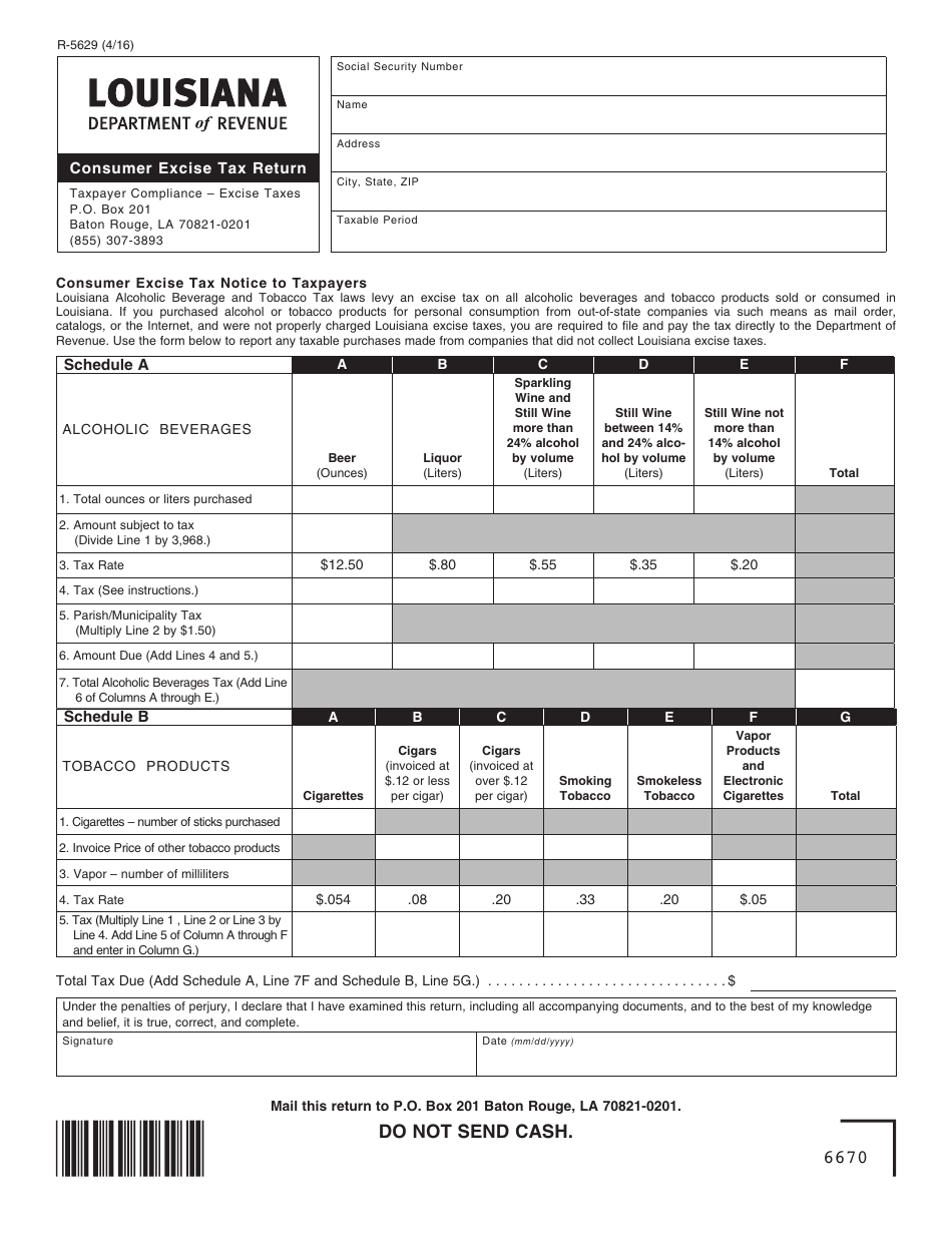 Form R-5629 Consumer Excise Tax Return - Louisiana, Page 1