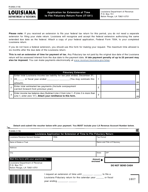 Form R-6466 Application for Extension of Time to File Fiduciary Return Form (It-541) - Louisiana