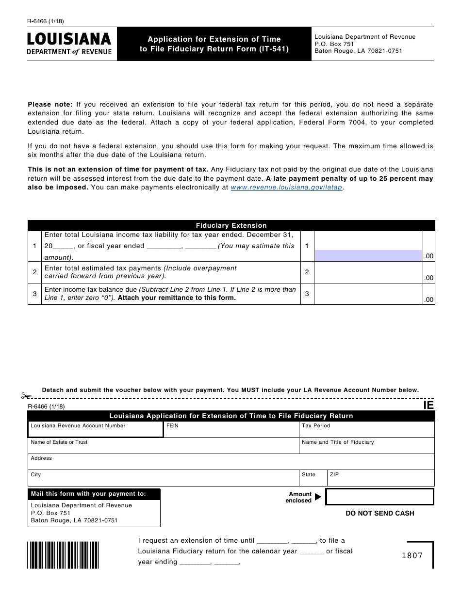 Form R-6466 Application for Extension of Time to File Fiduciary Return Form (It-541) - Louisiana, Page 1