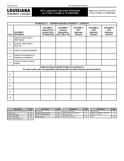 Form R-6410 2015 Legislation Recovery Worksheet for It-540, It-540b or It-540b-Nra - Louisiana