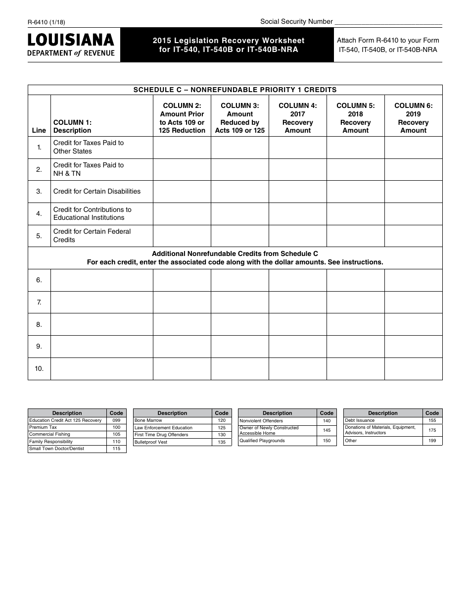 Form R-6410 2015 Legislation Recovery Worksheet for It-540, It-540b or It-540b-Nra - Louisiana, Page 1