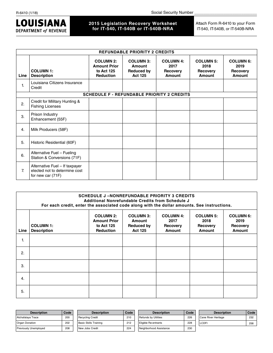Form R-6410 2015 Legislation Recovery Worksheet for It-540, It-540b or It-540b-Nra - Louisiana, Page 2