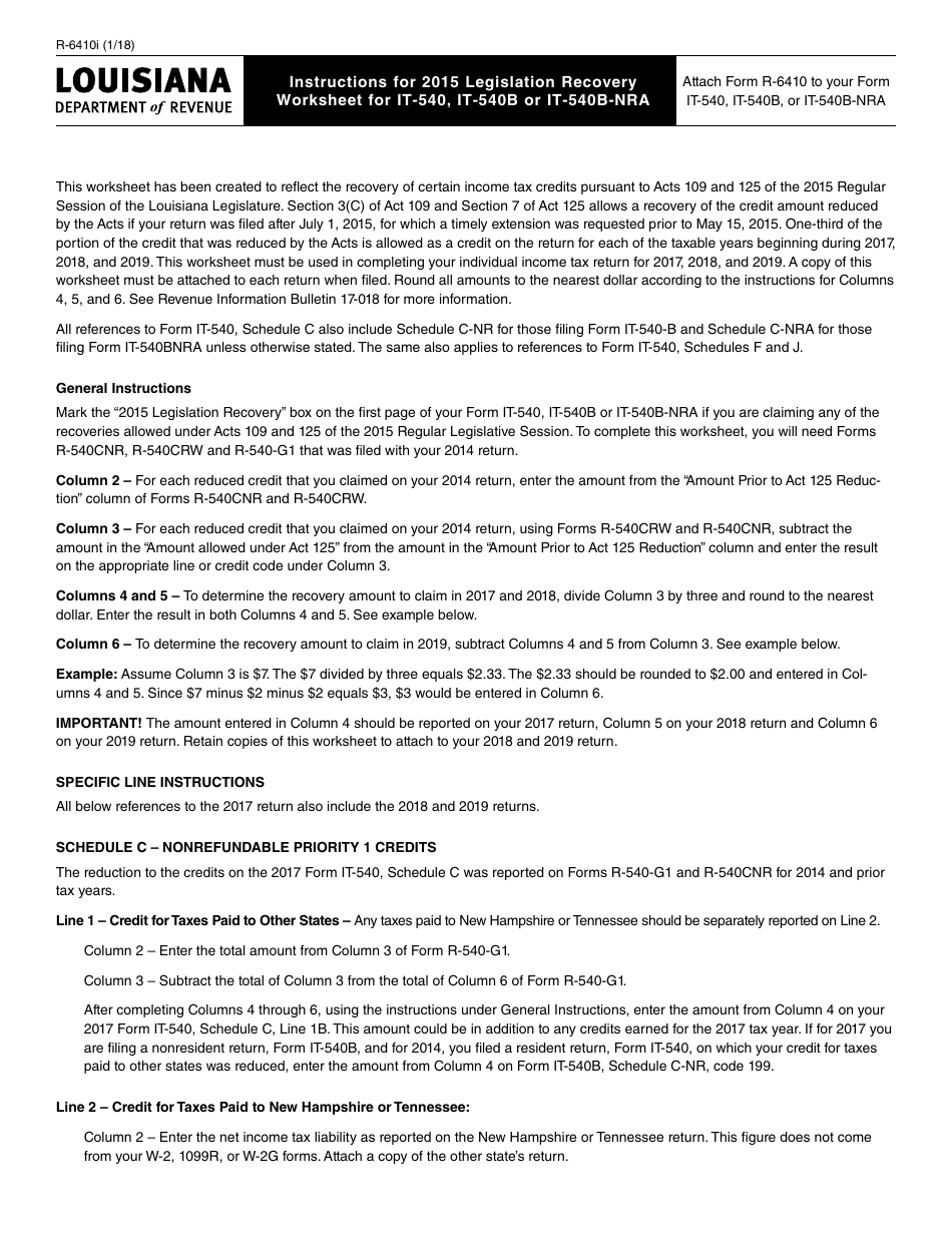 Form R-6410 2015 Legislation Recovery Worksheet for It-540, It-540b or It-540b-Nra - Louisiana, Page 3