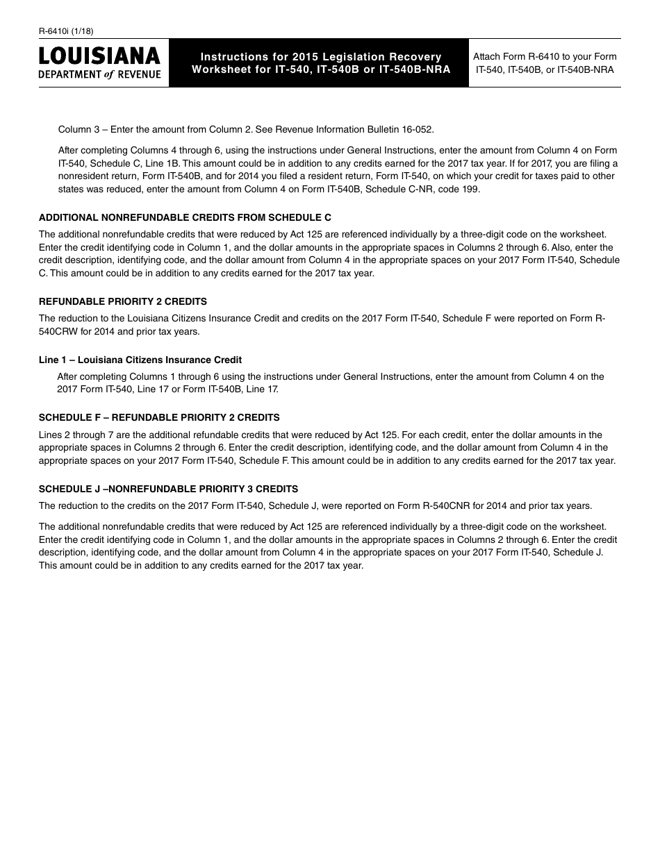 Form R-6410 2015 Legislation Recovery Worksheet for It-540, It-540b or It-540b-Nra - Louisiana, Page 4