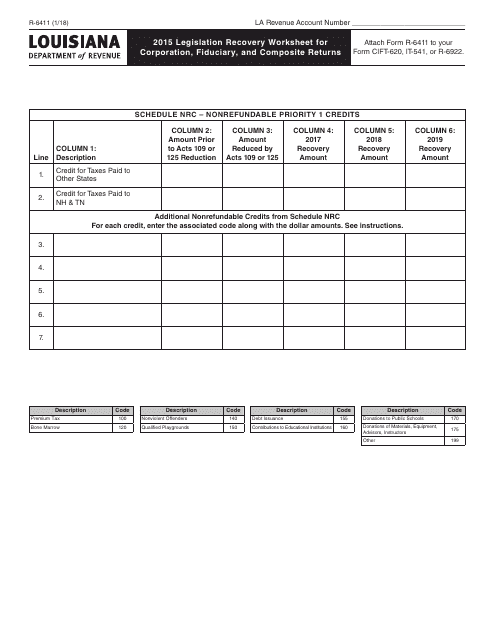 Form R-6411 2015 Legislation Recovery Worksheet for Corporation, Fiduciary, and Composite Returns - Louisiana