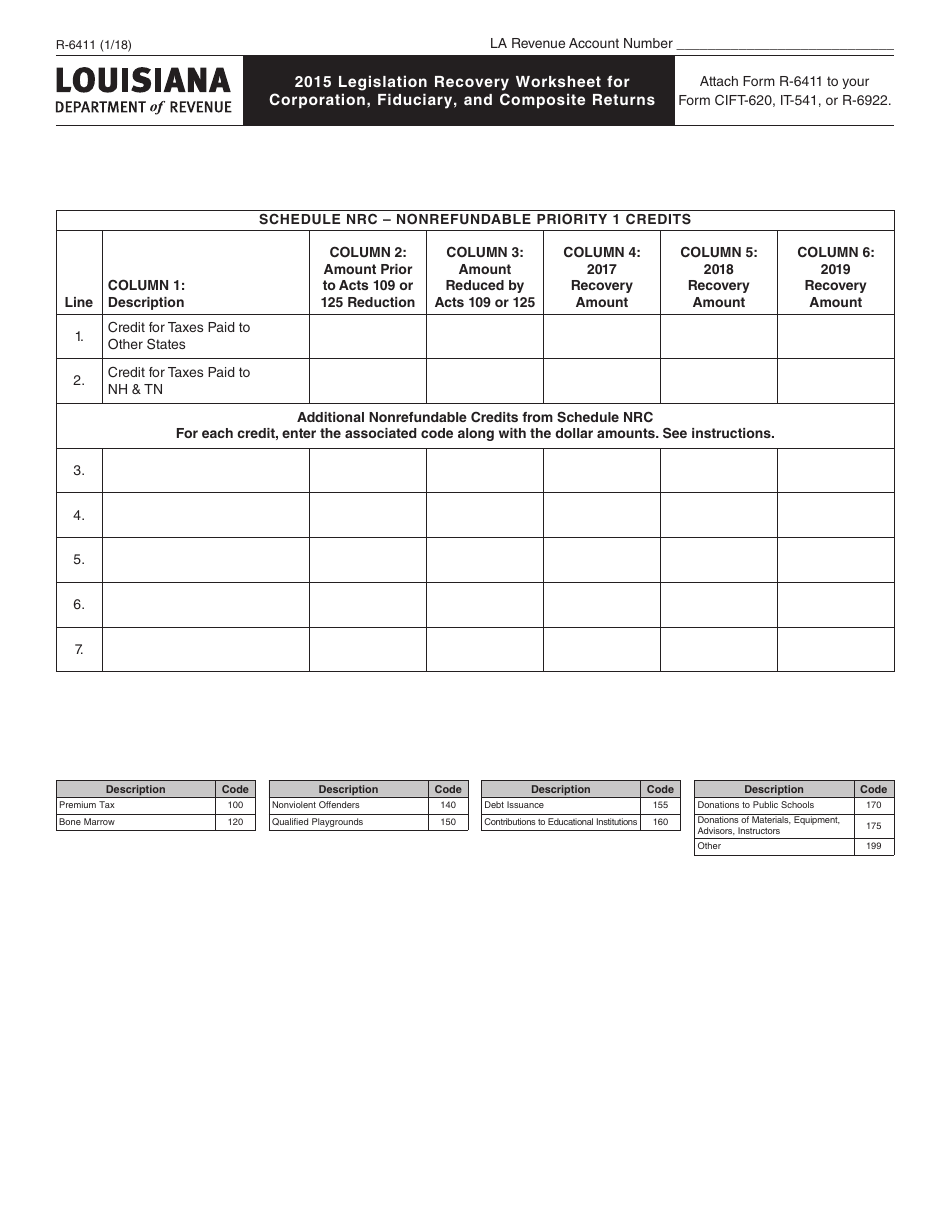 Form R-6411 2015 Legislation Recovery Worksheet for Corporation, Fiduciary, and Composite Returns - Louisiana, Page 1