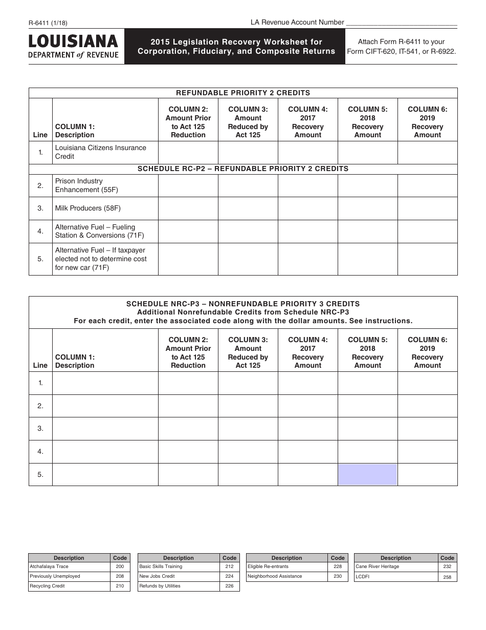 Form R-6411 2015 Legislation Recovery Worksheet for Corporation, Fiduciary, and Composite Returns - Louisiana, Page 2