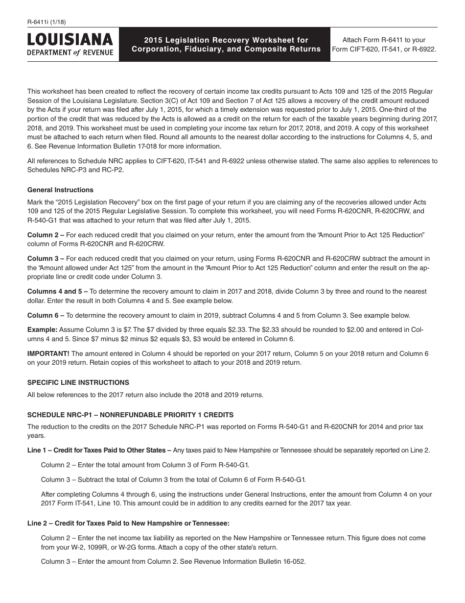 Form R-6411 2015 Legislation Recovery Worksheet for Corporation, Fiduciary, and Composite Returns - Louisiana, Page 3