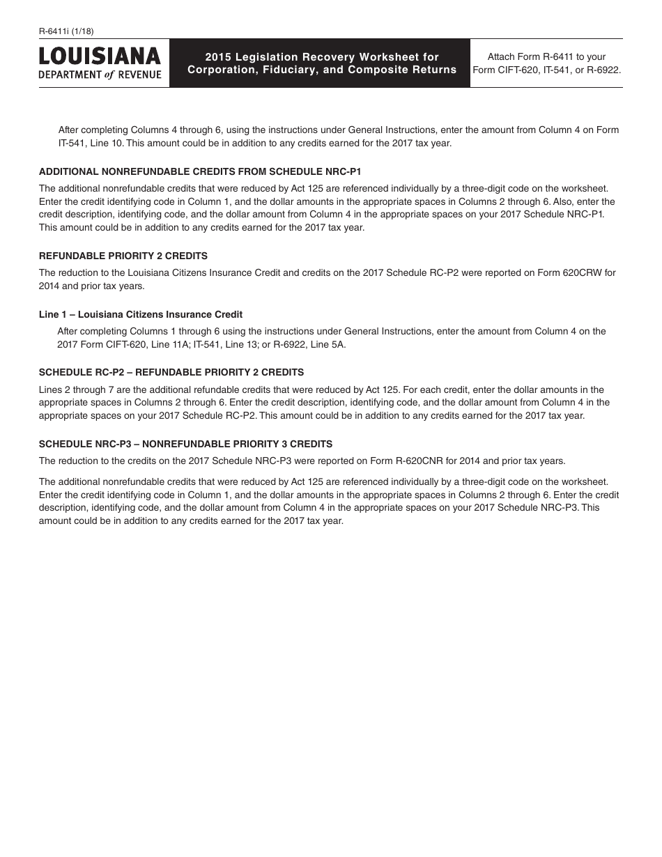 Form R-6411 2015 Legislation Recovery Worksheet for Corporation, Fiduciary, and Composite Returns - Louisiana, Page 4