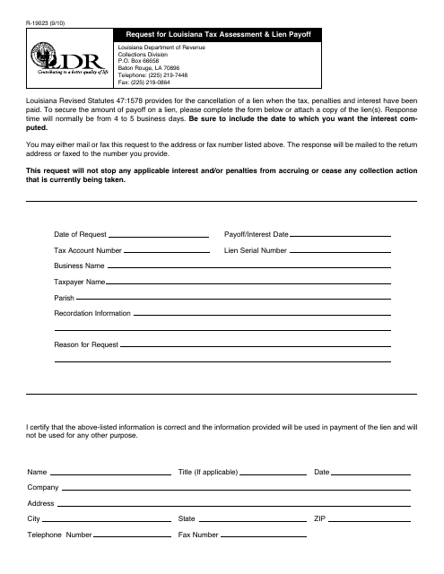 Form R-19023 Request for Louisiana Tax Assessment & Lien Payoff - Louisiana